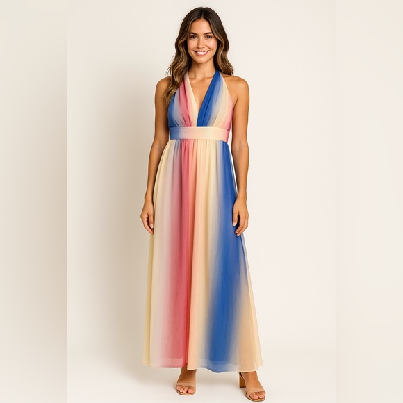 Cupshe Dresses & Skirts - Cupshe Rainbow Maxi Dress Plunging Neckline Multicolor Polyester – Size L